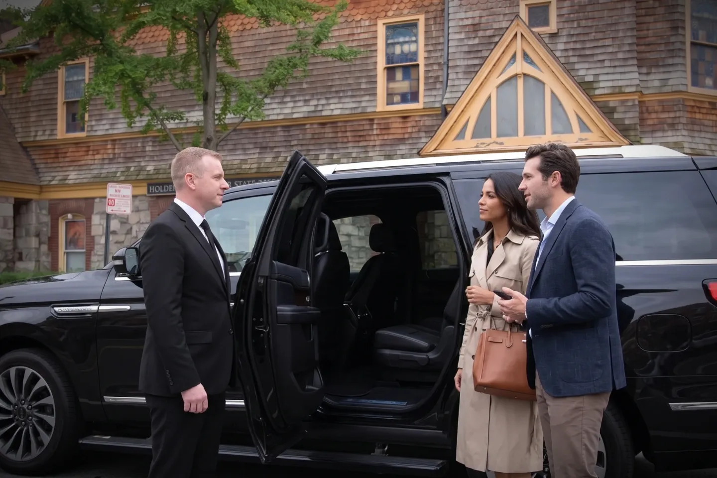 Professional chauffeur greeting a business traveler in Marble Hill, NY