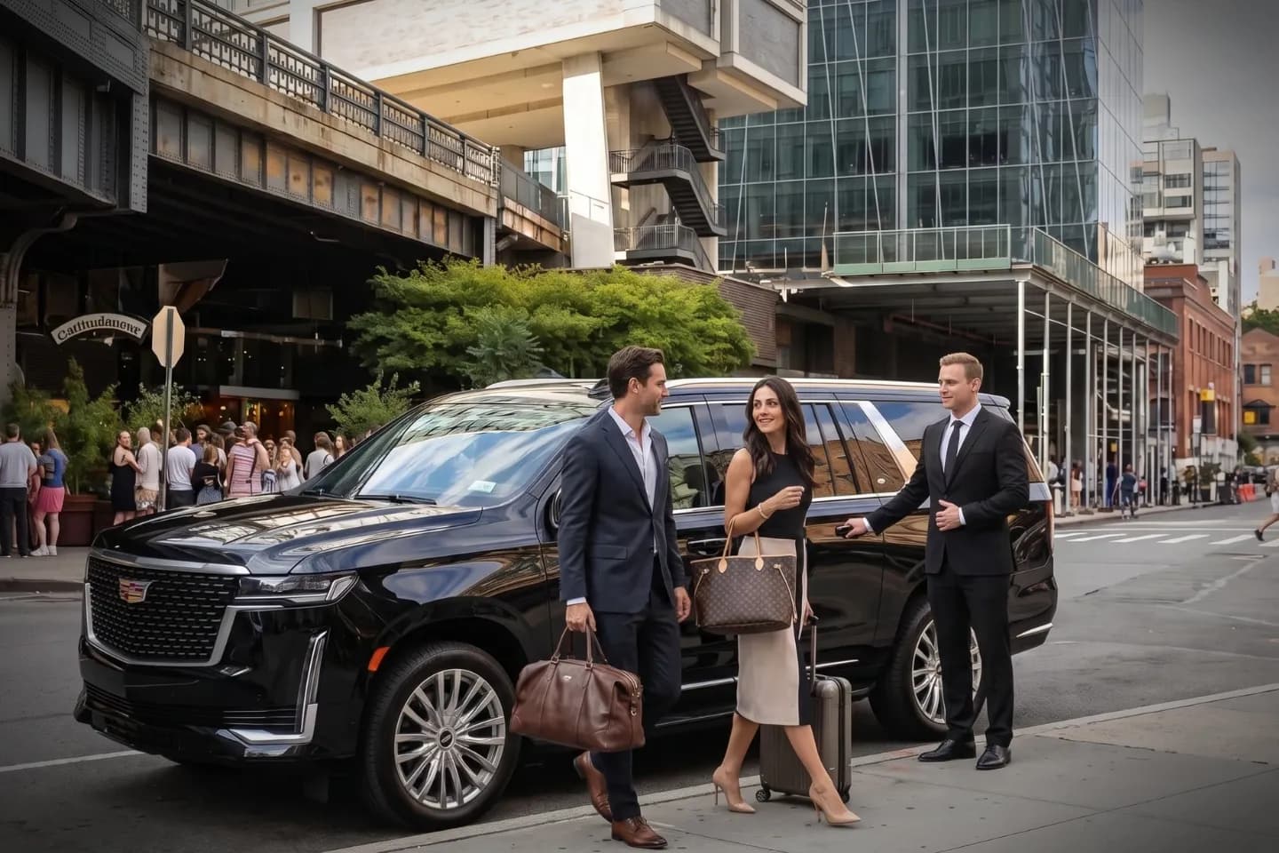 Luxury SUV waiting along a vibrant street in Meatpacking District, NY