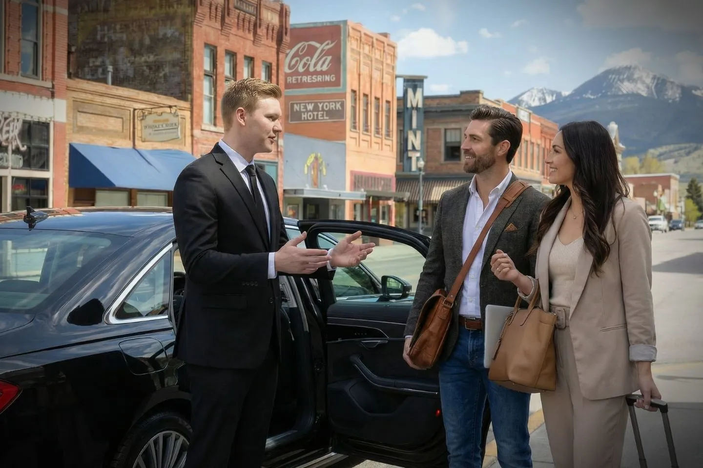 Car Service in Montana, MT Montana, MT Car Service luxury chauffeur sedan at airport terminal in Montana mountains