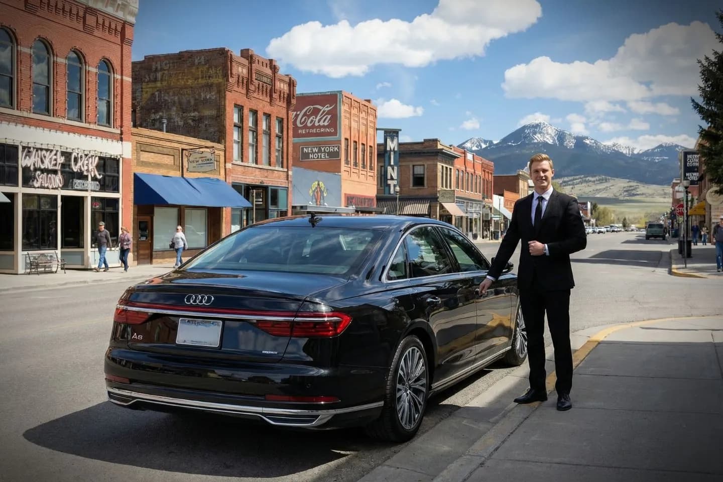 Car Service in Montana, MT Montana, MT Car Service SUV chauffeur driving through scenic Montana highway landscape