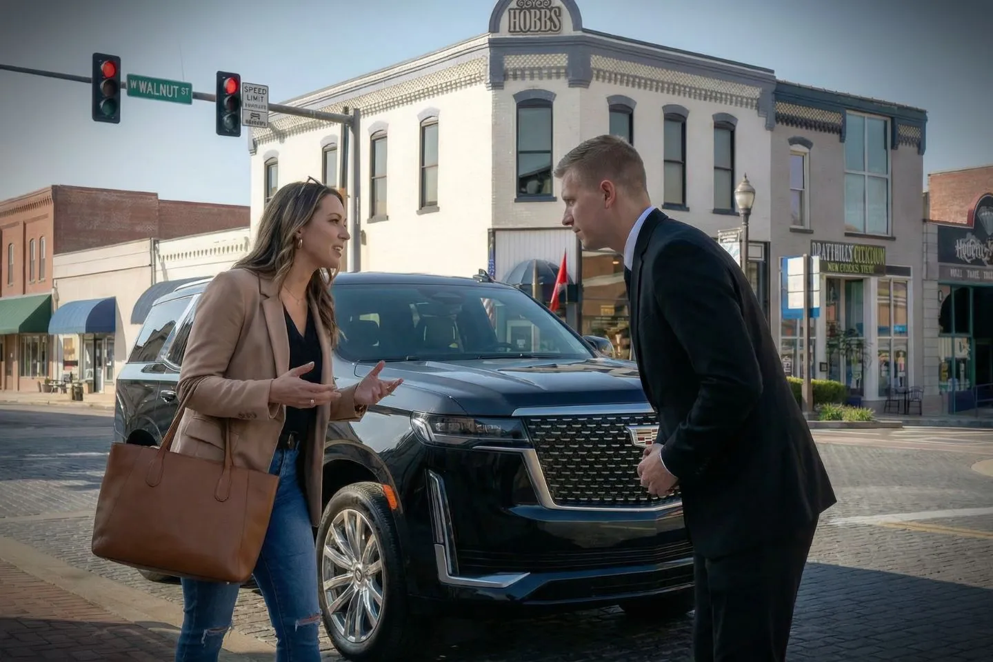 Chauffeur Service in Arkansas, AR Black SUV from Arkansas AR chauffeur service driving through city streets at night with elegant lighting