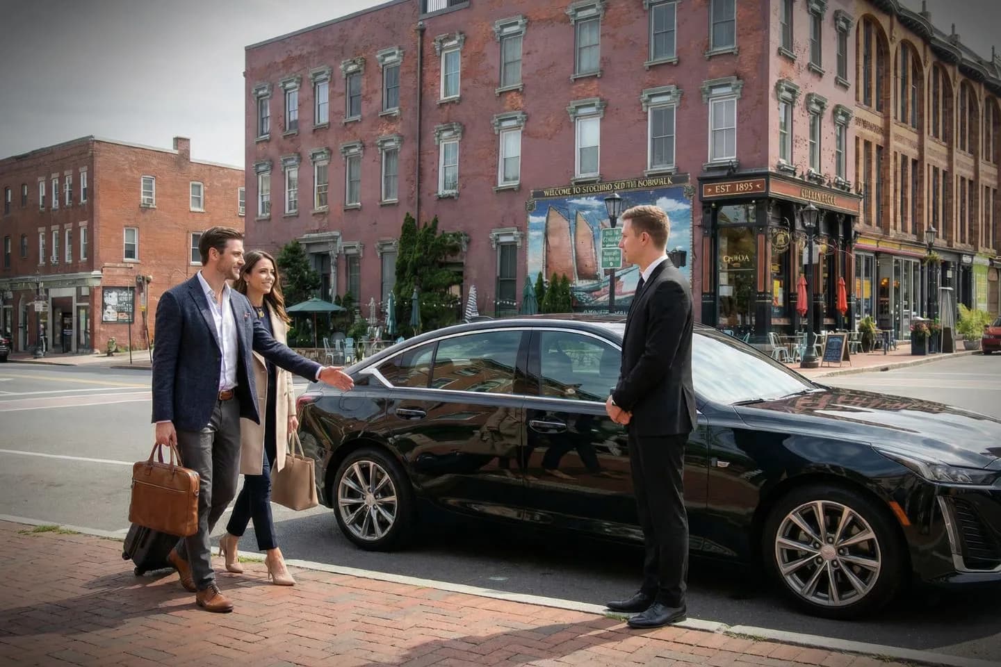 Chauffeur Service in Connecticut, CT Corporate travel sedan arriving at office building Connecticut CT Chauffeur Service