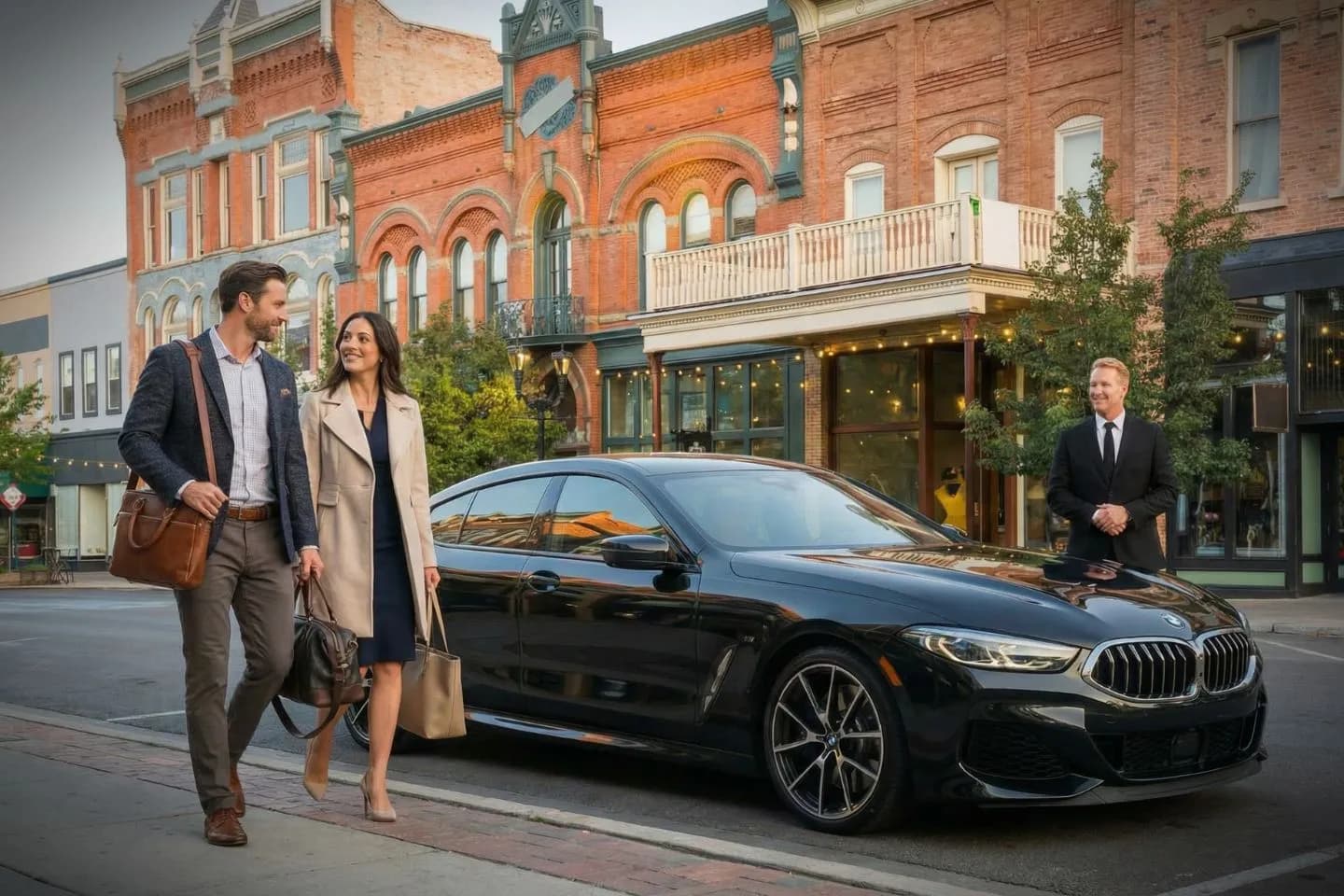 Chauffeur Service in Utah, UT Executive SUV from Utah chauffeur service parked outside downtown hotel with uniformed chauffeur