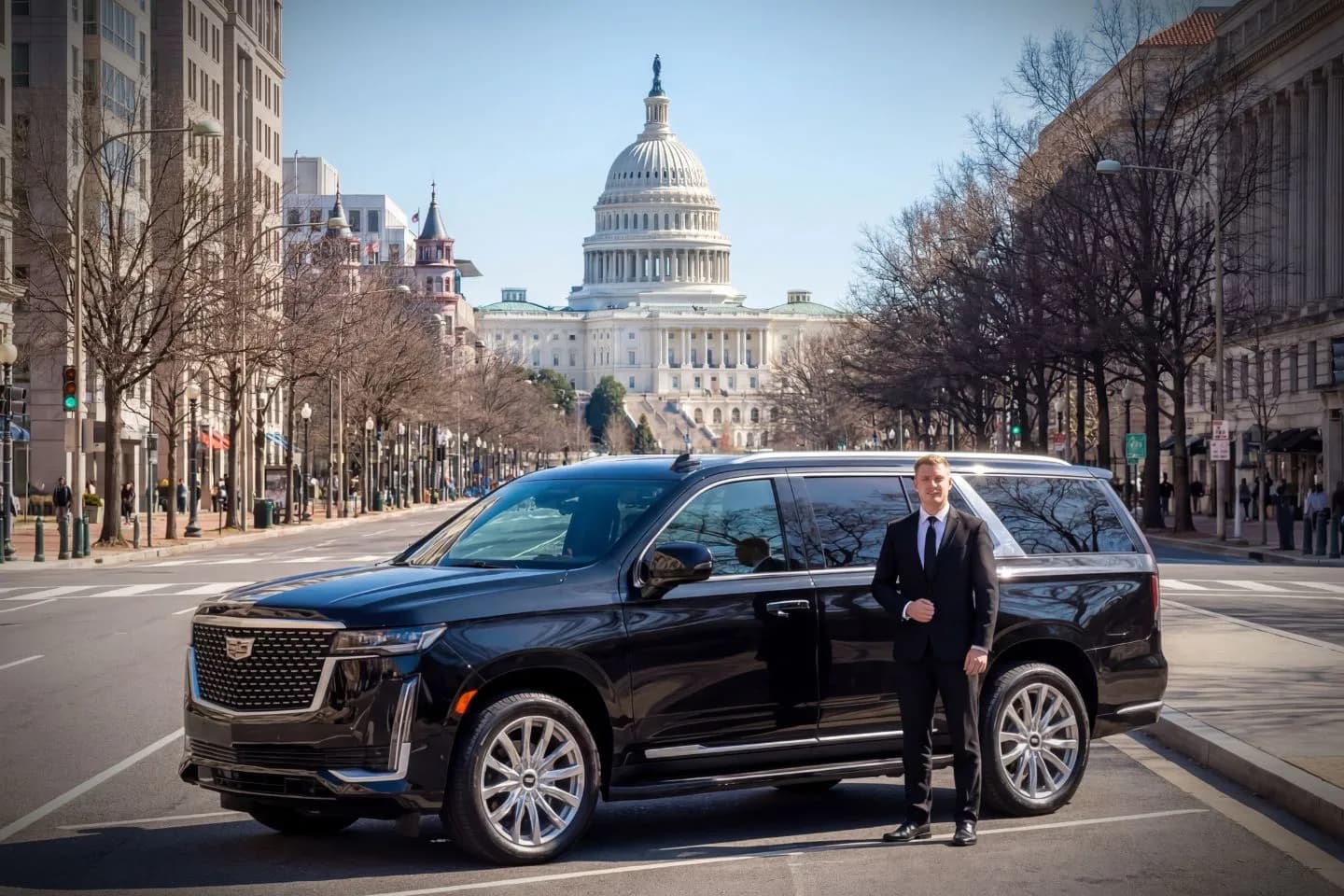 Chauffeur Service in Washington, DC Luxury sedan arriving at airport with Washington, DC Chauffeur Service for business travelers in DC