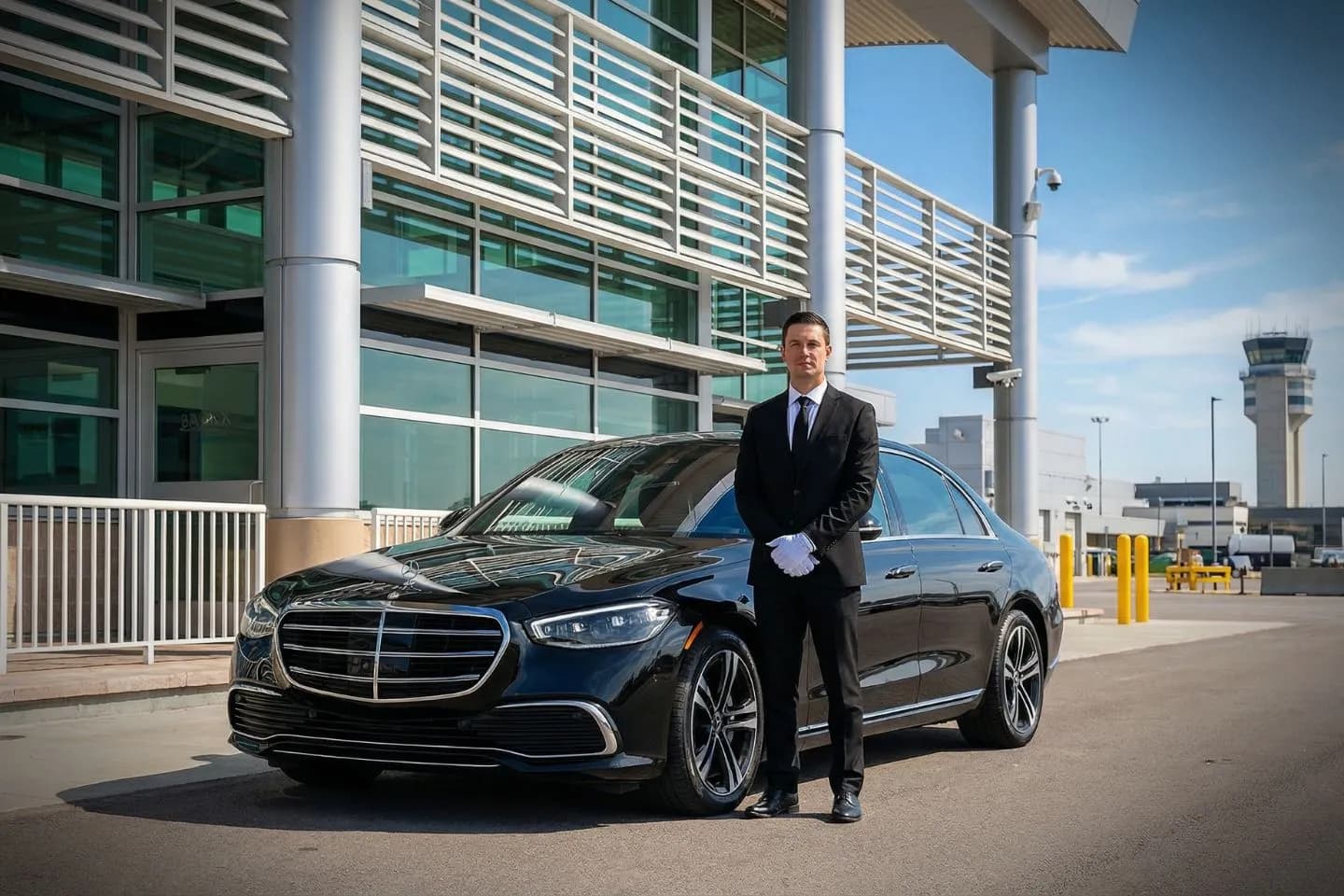 Airport Car Service in Georgia, GA Georgia, GA Car Service luxury sedan with professional chauffeur outside airport terminal