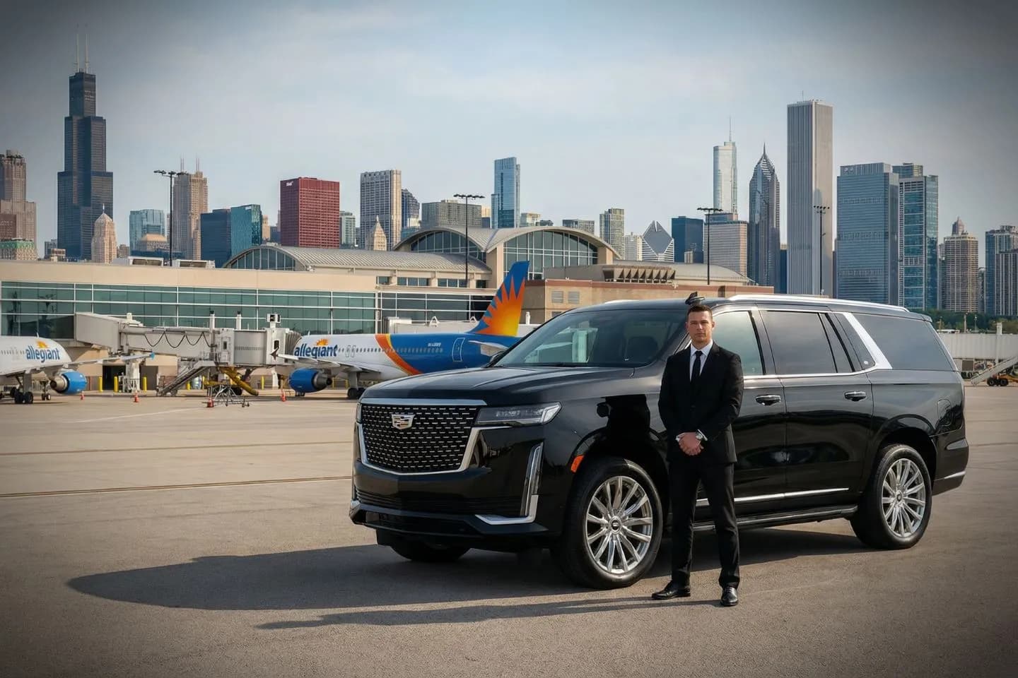 Airport Car Service in Illinois, IL Illinois, IL luxury car service with professional driver assisting passenger with luggage curbside