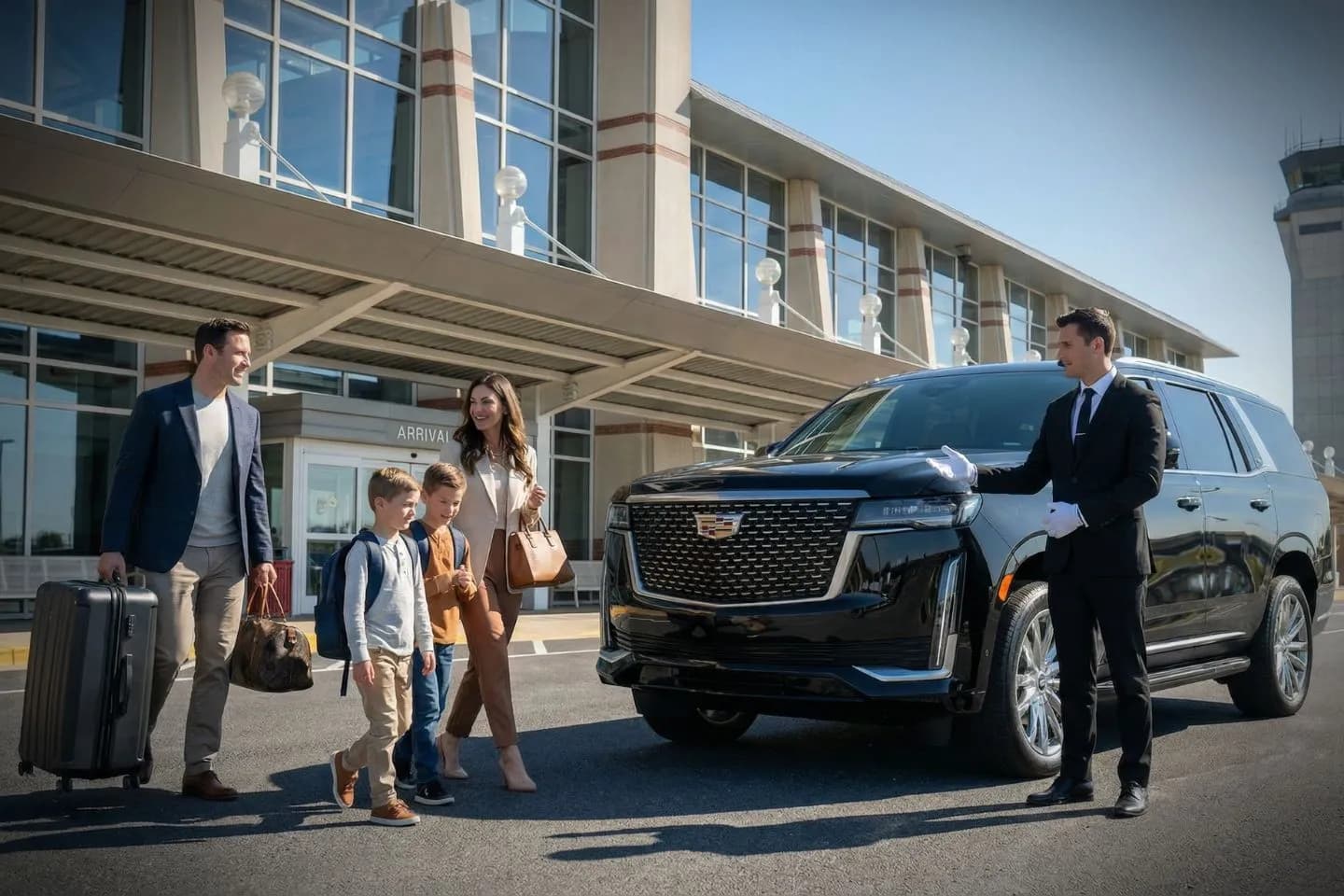 Airport Car Service in Illinois, IL Illinois, IL Car Service luxury black sedan with professional chauffeur waiting at airport terminal