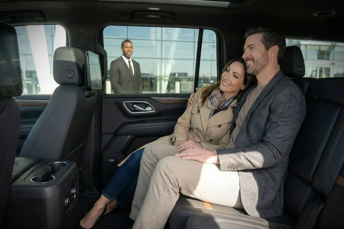 Airport Car Service in Indiana, IN Wedding couple arriving in elegant Indiana, IN Car Service limousine with chauffeur