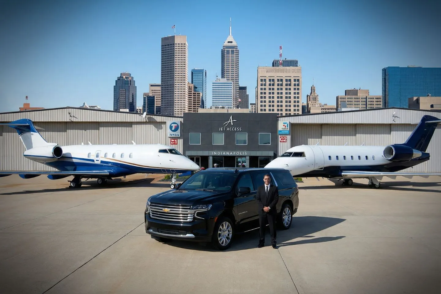 Airport Car Service in Indiana, IN Indiana, IN Car Service luxury sedan with professional chauffeur parked at airport terminal