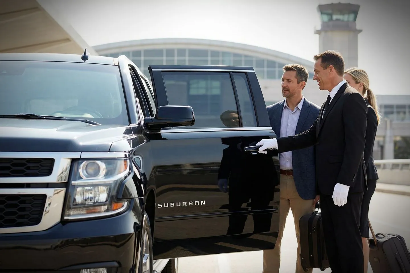 Airport Car Service in Iowa, IA Iowa, IA Car Service chauffeur opening door for client near downtown business district