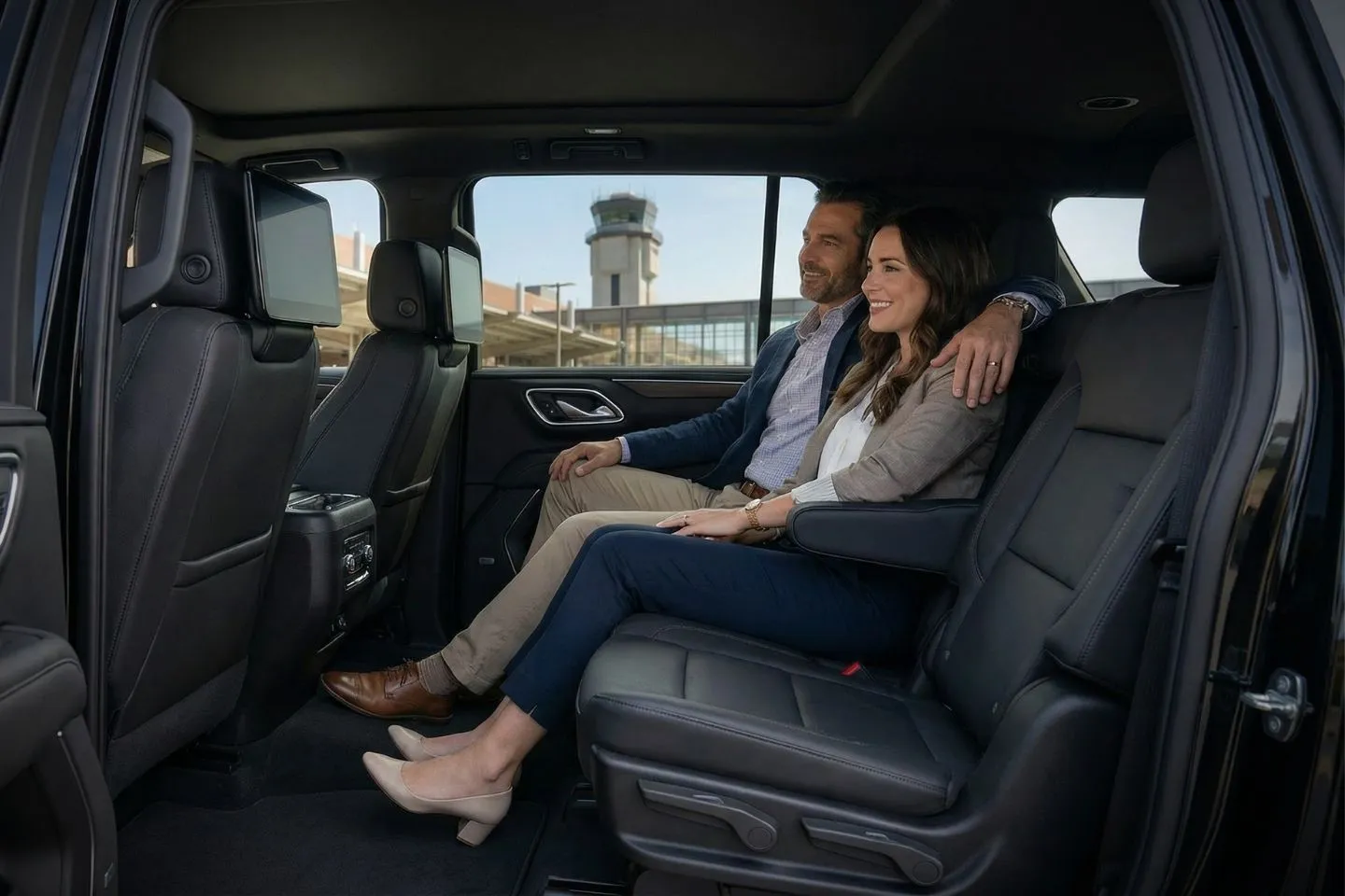 Airport Car Service in Iowa, IA Clean black SUV used by Iowa, IA Car Service for airport transfer with luggage loaded