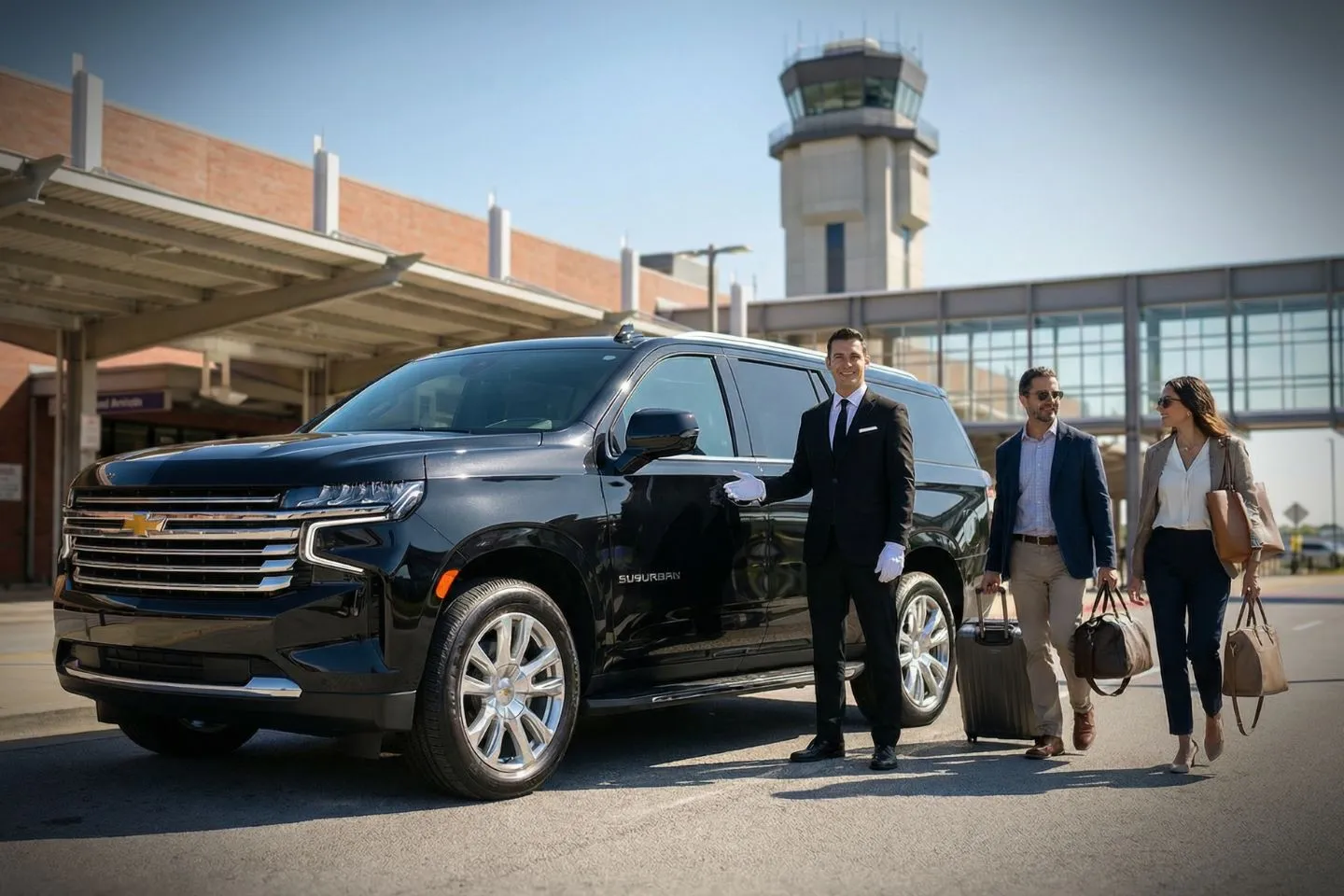 Airport Car Service in Iowa, IA Luxury sedan from Iowa, IA Car Service parked outside airport terminal with professional chauffeur assisting passenger