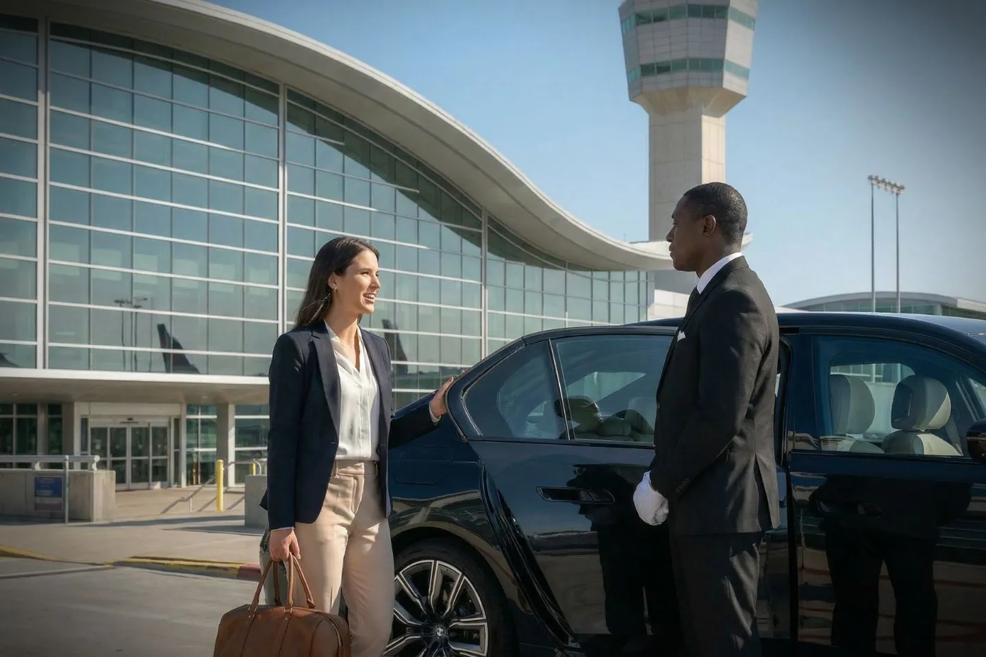 Airport Car Service in Kansas, KS Kansas, KS Car Service luxury sedan with professional chauffeur waiting at airport terminal