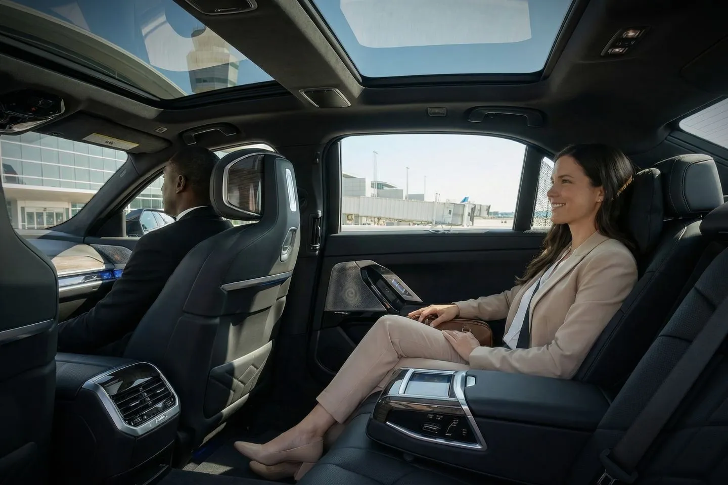 Airport Car Service in Kansas, KS Chauffeur opening door for passenger using Kansas, KS car service in downtown setting