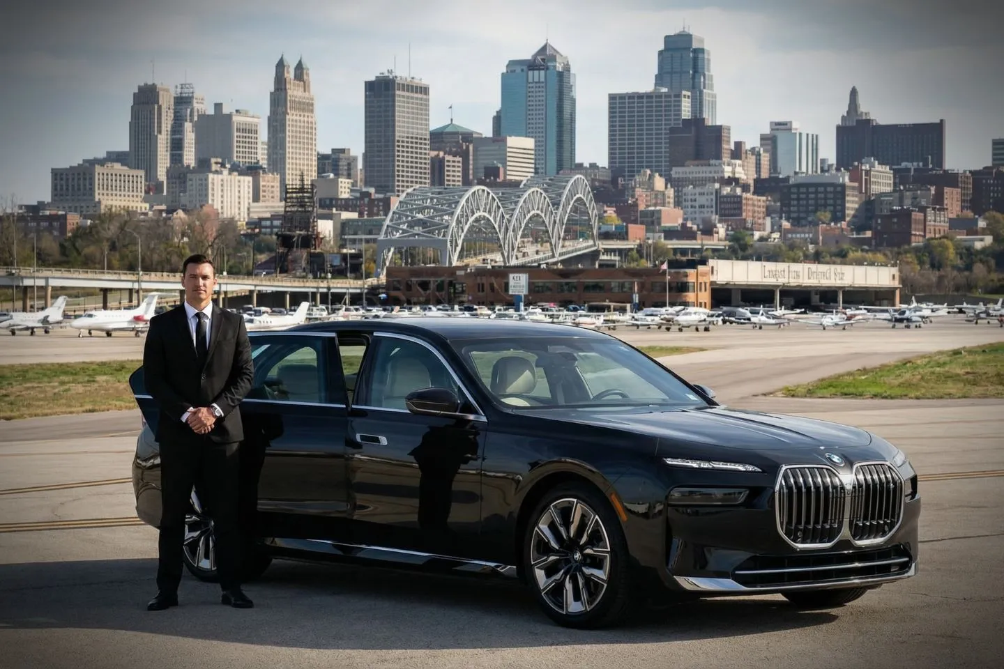 Airport Car Service in Kansas, KS Airport transfer vehicle from Kansas, KS Car Service with driver assisting passenger luggage