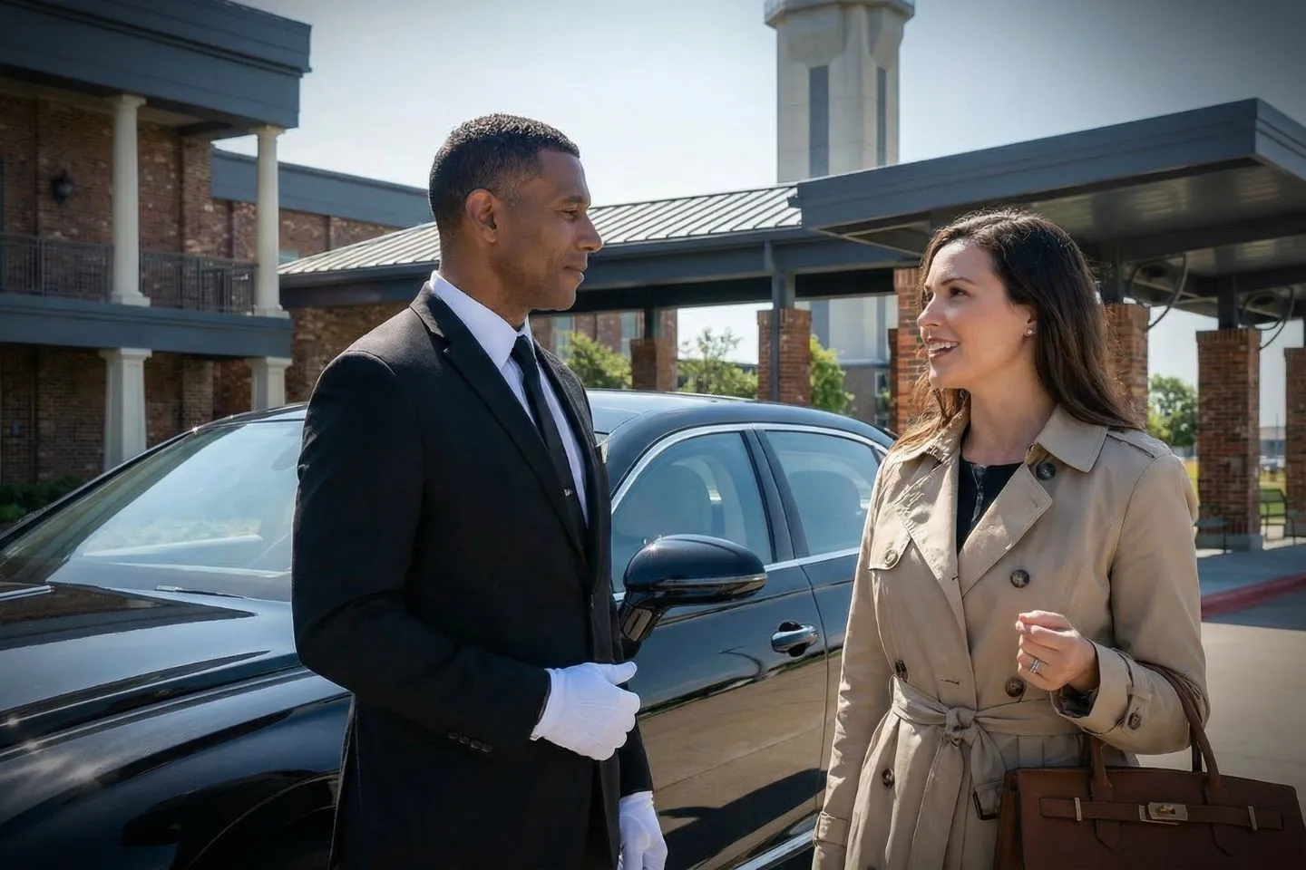 Airport Car Service in Louisiana, LA Airport pickup scene with Louisiana car service driver assisting passenger with luggage