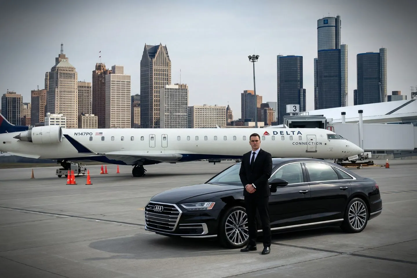 Airport Car Service in Michigan, MI Michigan MI Car Service driver opening door for client with city skyline background Michigan travel