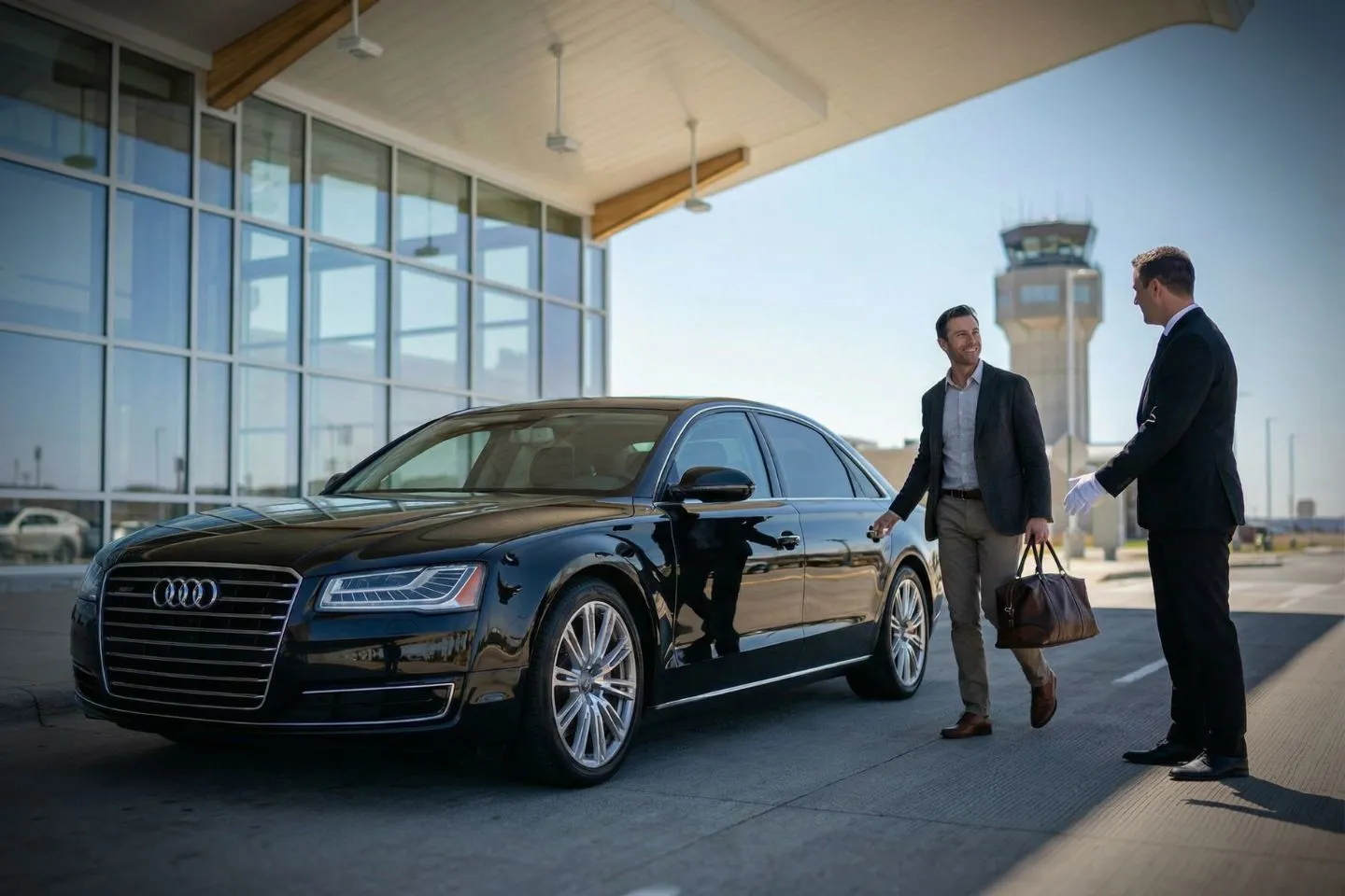 Airport Car Service in Michigan, MI Michigan MI Car Service chauffeur driving luxury sedan in downtown Detroit at night