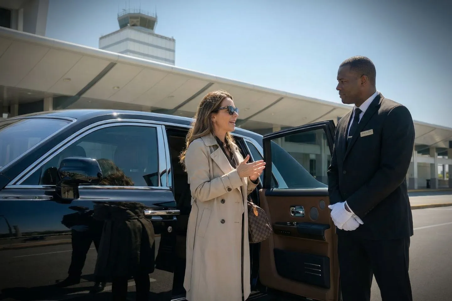 Airport Car Service in Mississippi, MS Professional Mississippi MS Car Service driver opening door for business client downtown