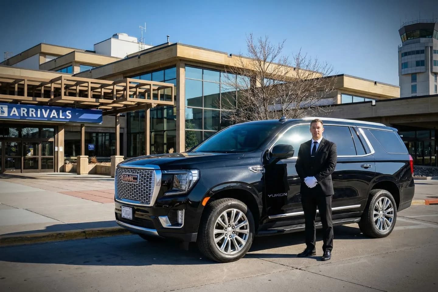 Airport Car Service in South Dakota, SD Luxury sedan for South Dakota, SD Car Service with professional chauffeur arriving at airport terminal