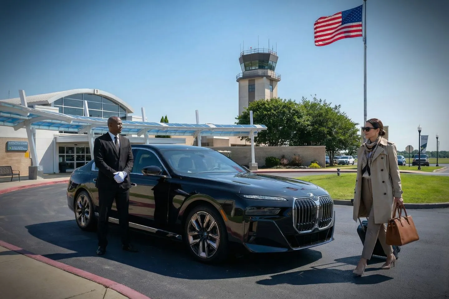 Airport Car Service in Tennessee, TN Luxury sedan from Tennessee, TN Car Service parked outside Nashville airport with professional chauffeur assisting passengers
