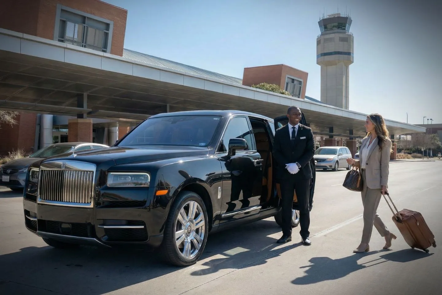 Airport Car Service in Texas, TX Professional chauffeur driving Texas TX car service vehicle on city highway at sunset