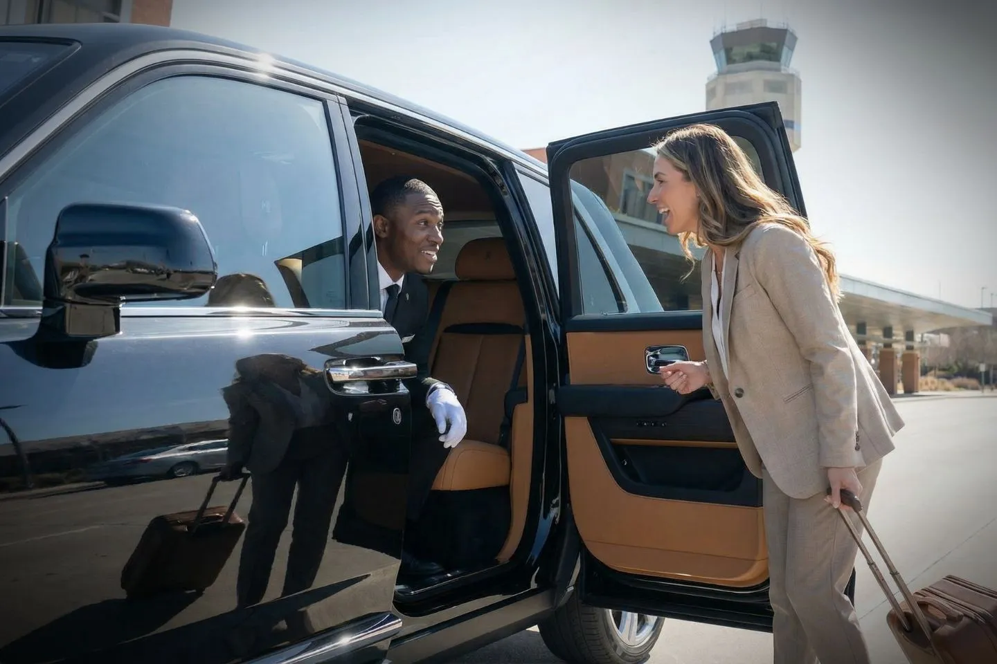 Airport Car Service in Texas, TX Airport transfer with Texas TX car service showing luggage assistance by uniformed chauffeur