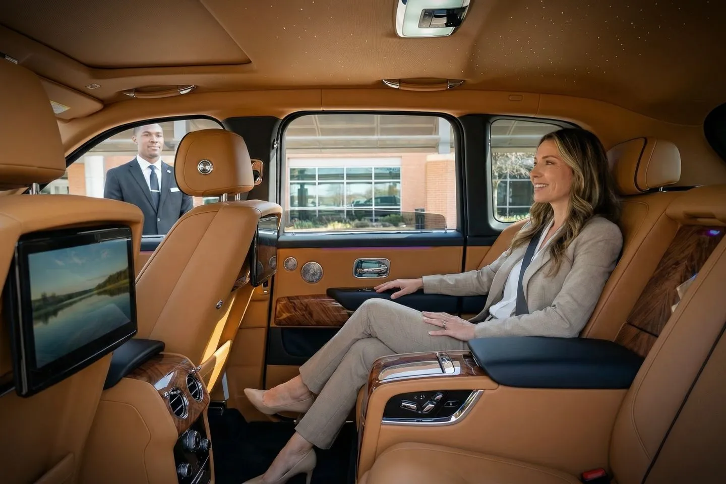 Airport Car Service in Texas, TX Texas, TX car service luxury black sedan with professional chauffeur at airport pickup zone