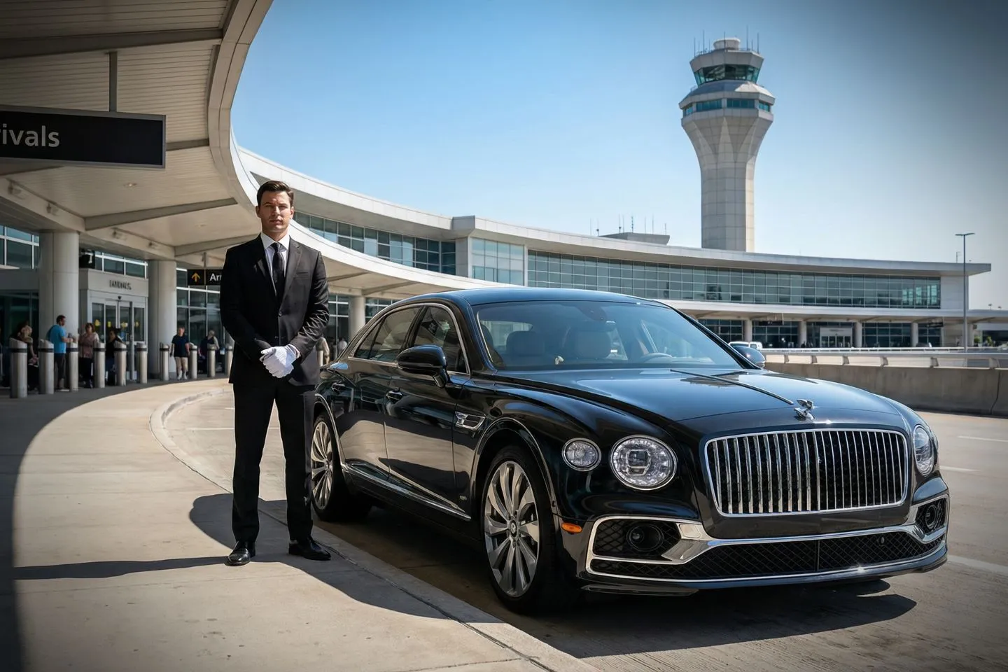 Airport Car Service in Utah, UT Utah, UT Car Service luxury sedan with professional chauffeur arriving at airport terminal