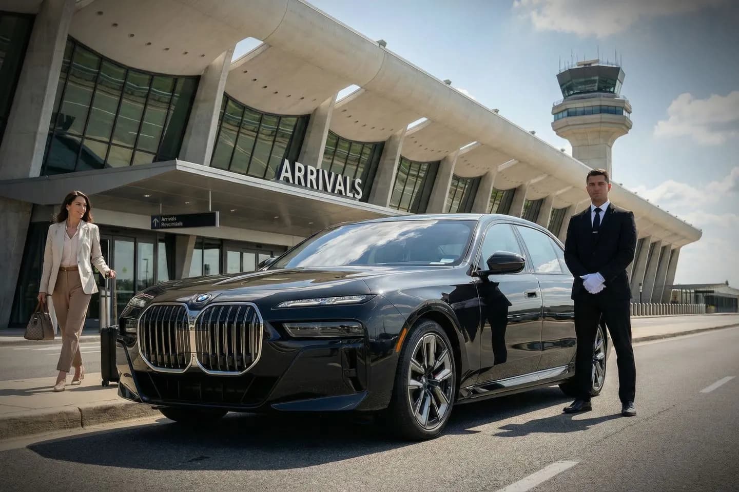 Airport Car Service in Virginia, VA Virginia VA car service luxury sedan with professional chauffeur assisting passenger outside airport terminal
