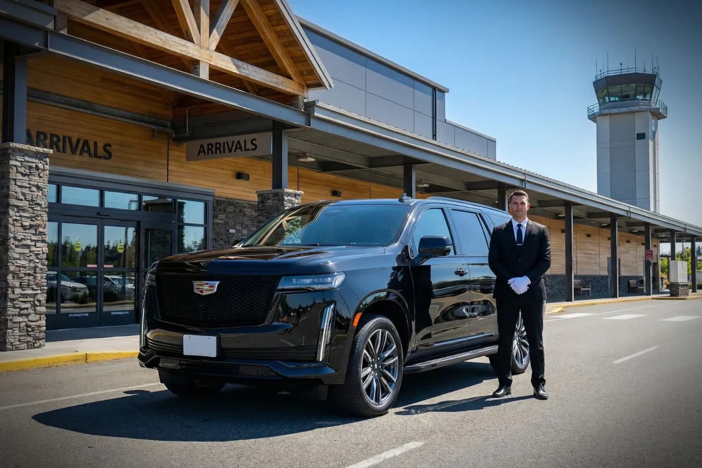 Airport Car Service in Washington, WA Luxury limousine from Washington WA car service parked near city skyline at night