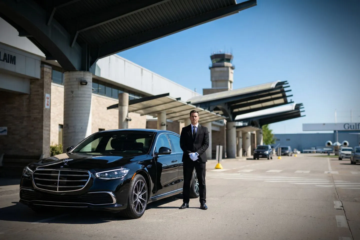 Airport Car Service in Wisconsin, WI Luxury sedan from Wisconsin, WI Car Service parked outside airport terminal with professional chauffeur assisting passenger