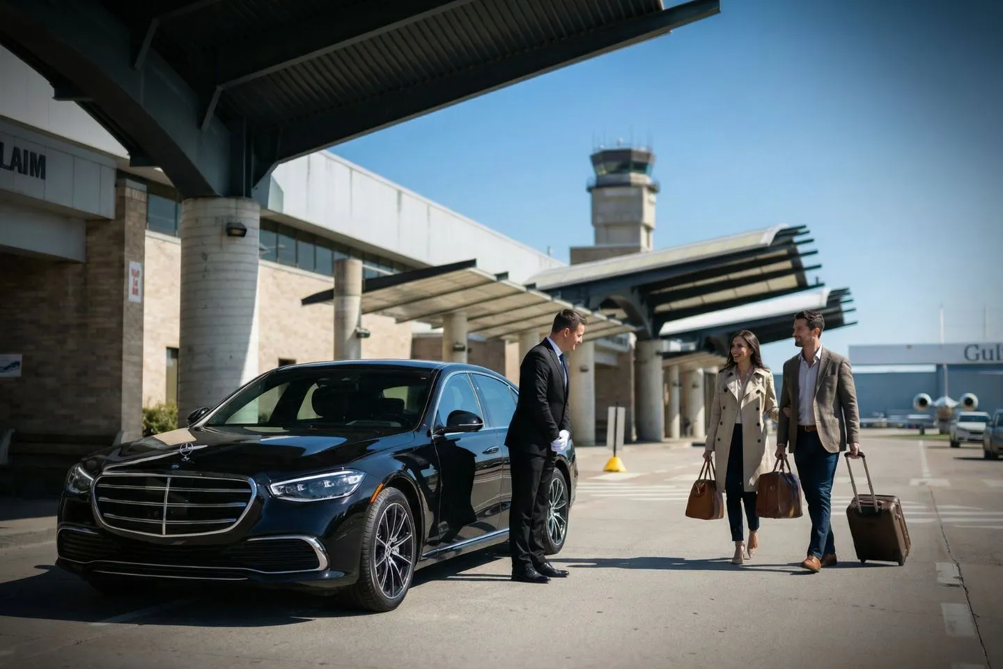 Airport Car Service in Wisconsin, WI Chauffeur opening door for client using Wisconsin, WI Car Service in downtown city setting