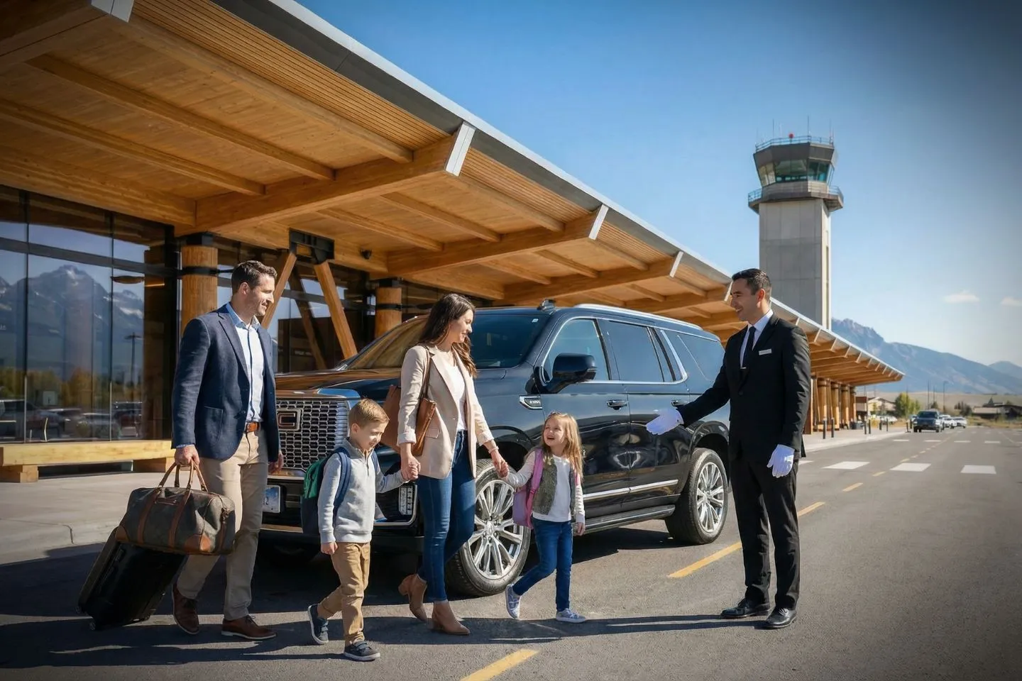 Airport Car Service in Wyoming, WY Chauffeur opening door for client using Wyoming WY car service luxury black SUV