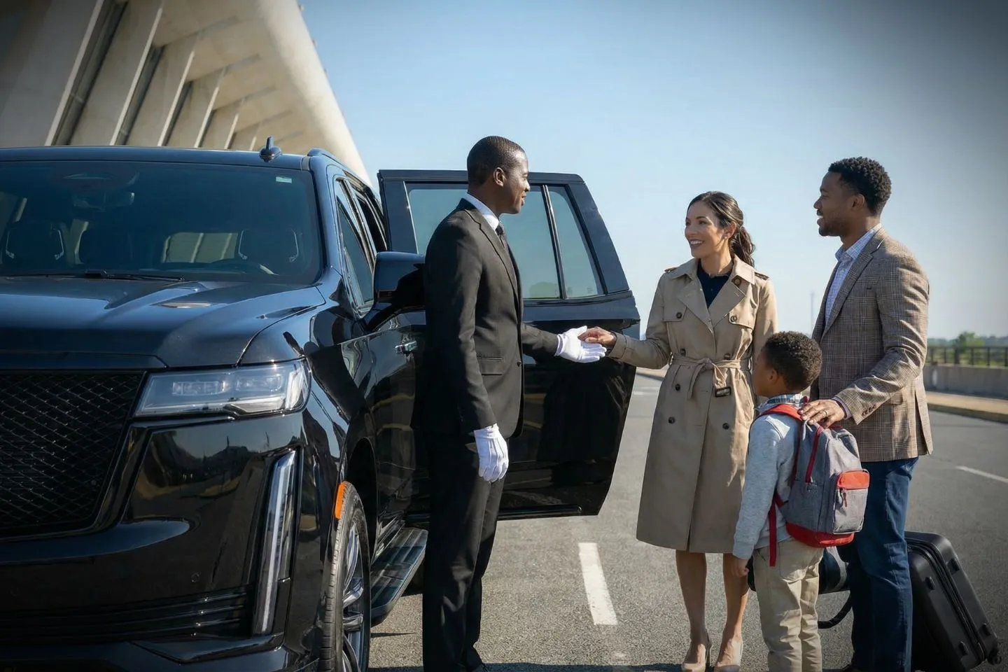 Airport Car Service in Washington, DC Washington, DC Car Service luxury sedan arriving at airport with professional chauffeur assisting passenger