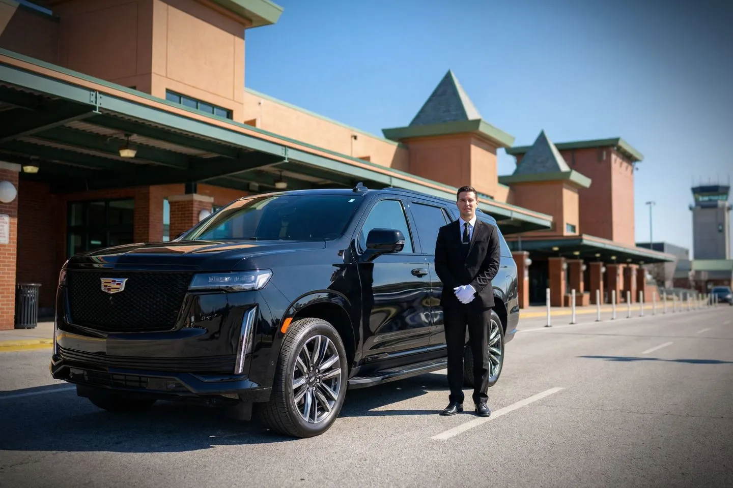 New York Stewart International (SWF) Airport Car Service Luxury sedan from New York Stewart International (SWF) Car Service arriving at SWF airport terminal near New York, NY highways