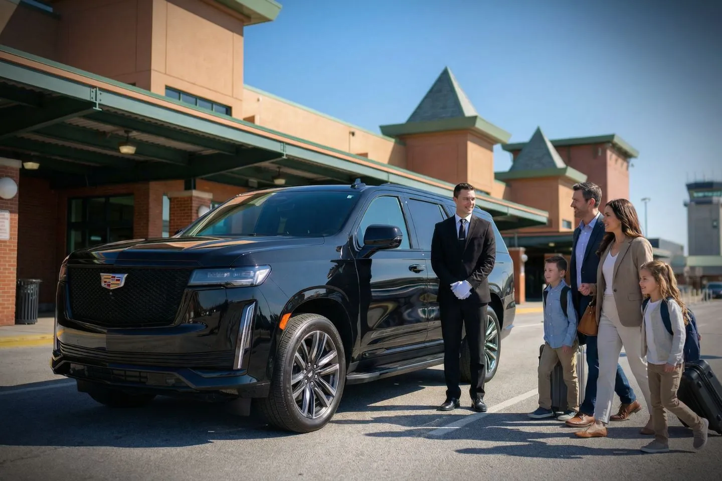 New York Stewart International (SWF) Airport Car Service Professional chauffeur opening door for SWF Car Service passenger in Manhattan business district, New York, NY