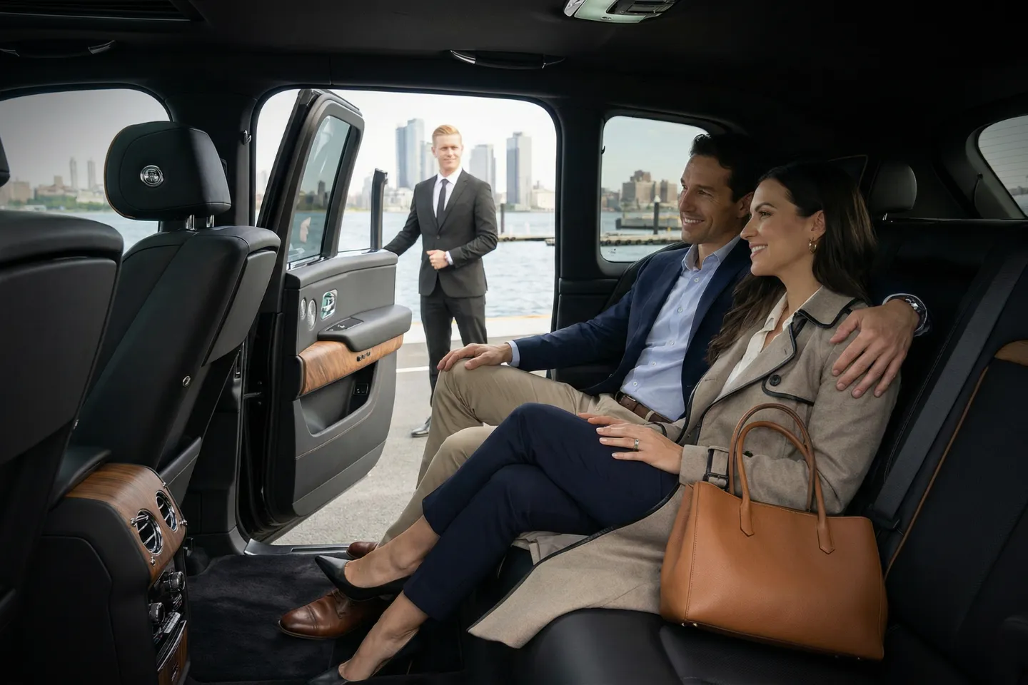 New York Skyports Seaplane Base (NYS) Airport Car Service Professional driver offering NYS Car Service pickup near Manhattan financial district buildings