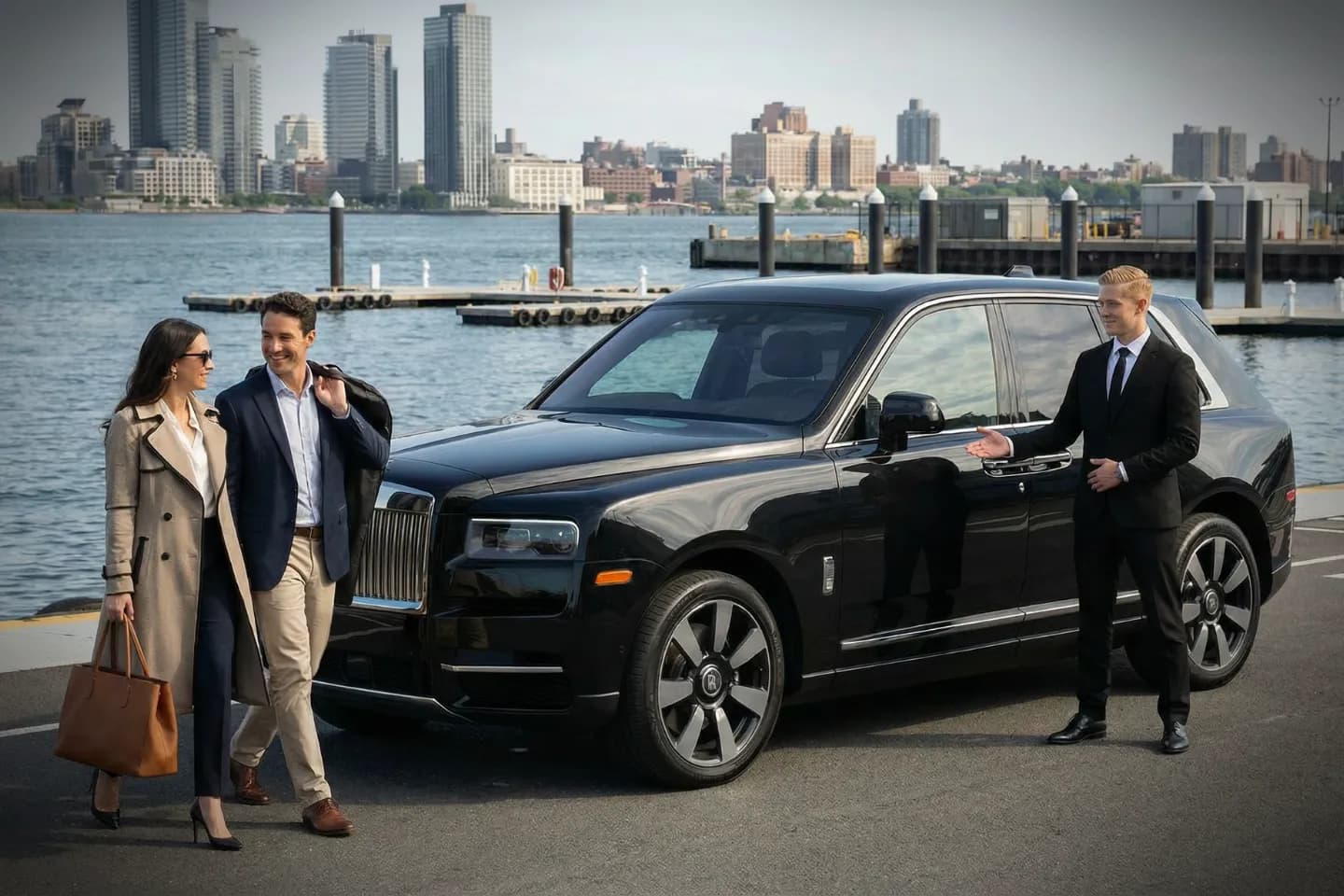 New York Skyports Seaplane Base (NYS) Airport Car Service Chauffeur assisting passenger with luggage for NYS Car Service near I-95 New York City highway