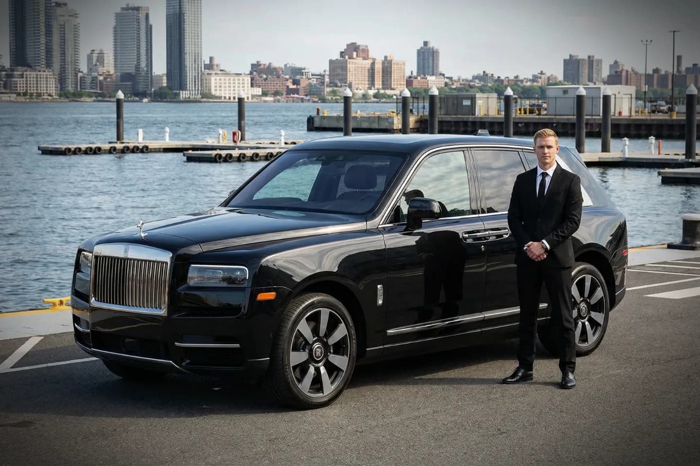 New York Skyports Seaplane Base (NYS) Airport Car Service Luxury sedan arriving for New York Skyports Seaplane Base (NYS) Car Service in Manhattan near East River