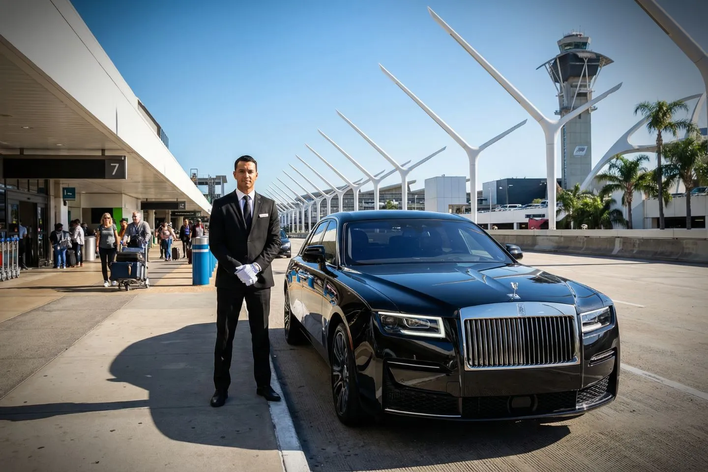 Los Angeles International (LAX) Airport Car Service Los Angeles International (LAX) Car Service luxury sedan at airport terminal California CA