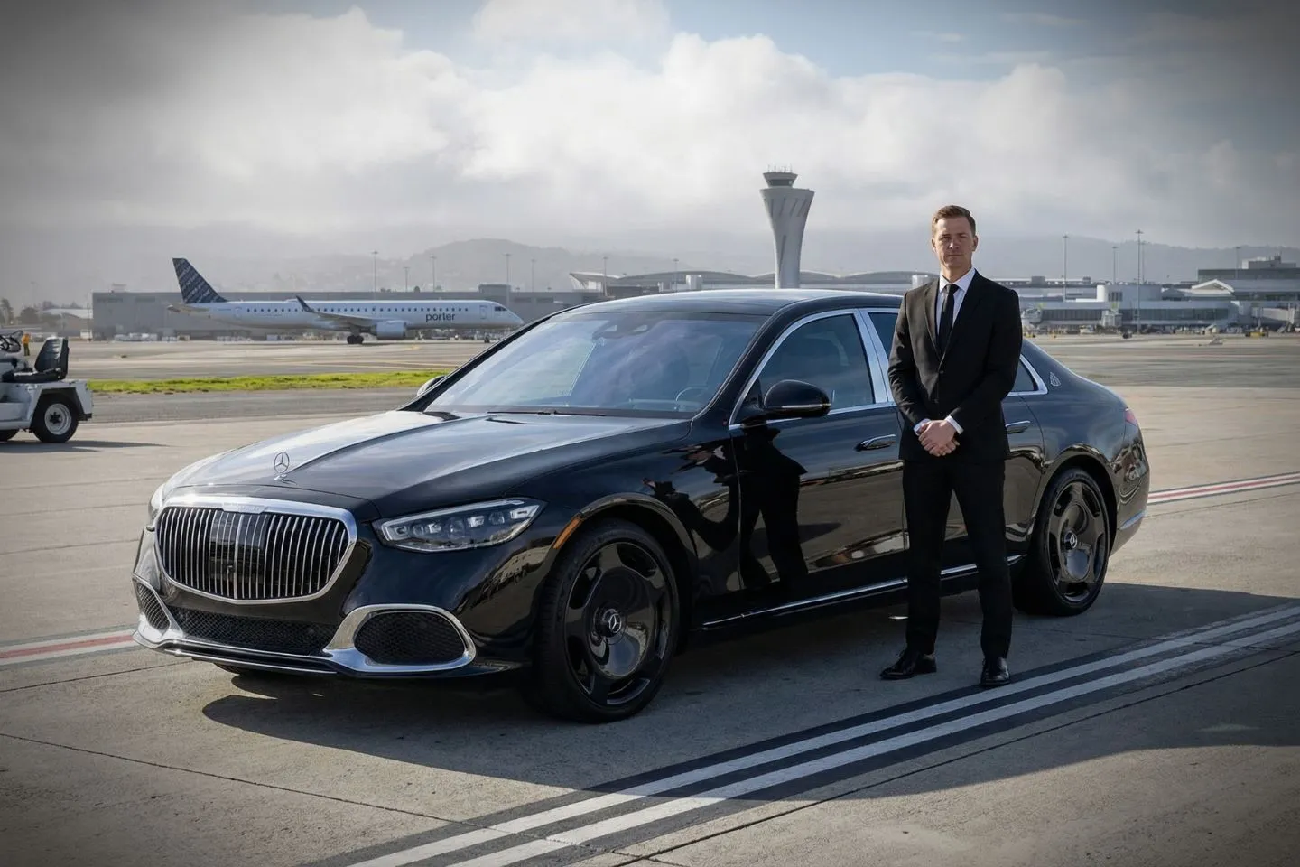San Francisco International (SFO) Airport Car Service San Francisco International (SFO) Car Service luxury sedan at airport terminal California CA