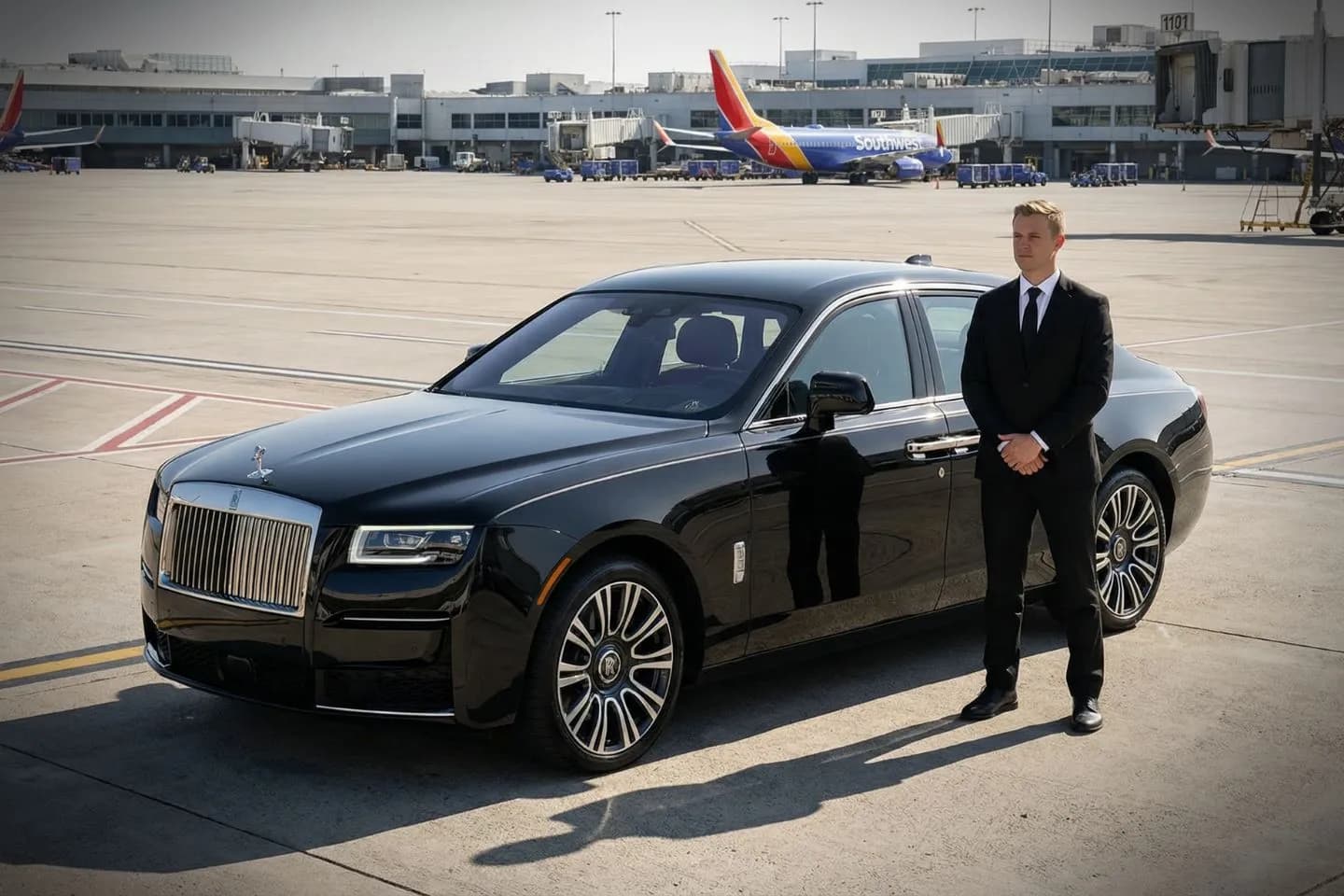 Oakland International (OAK) Airport Car Service LBE Car Service chauffeur assisting passenger at OAK terminal