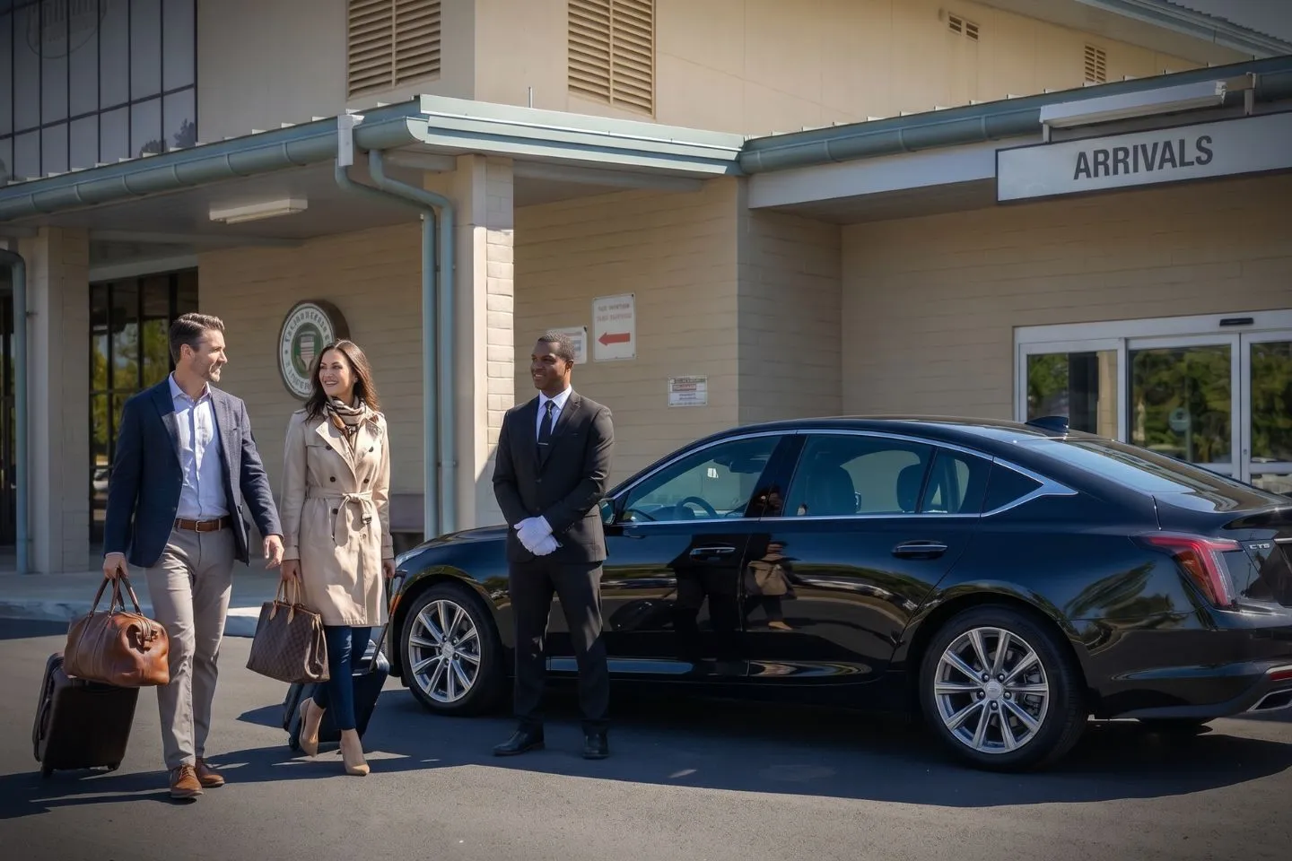 Redding Municipal (RDD) Airport Car Service Luxury black sedan at Redding Regional Airport RDD terminal in Northern California