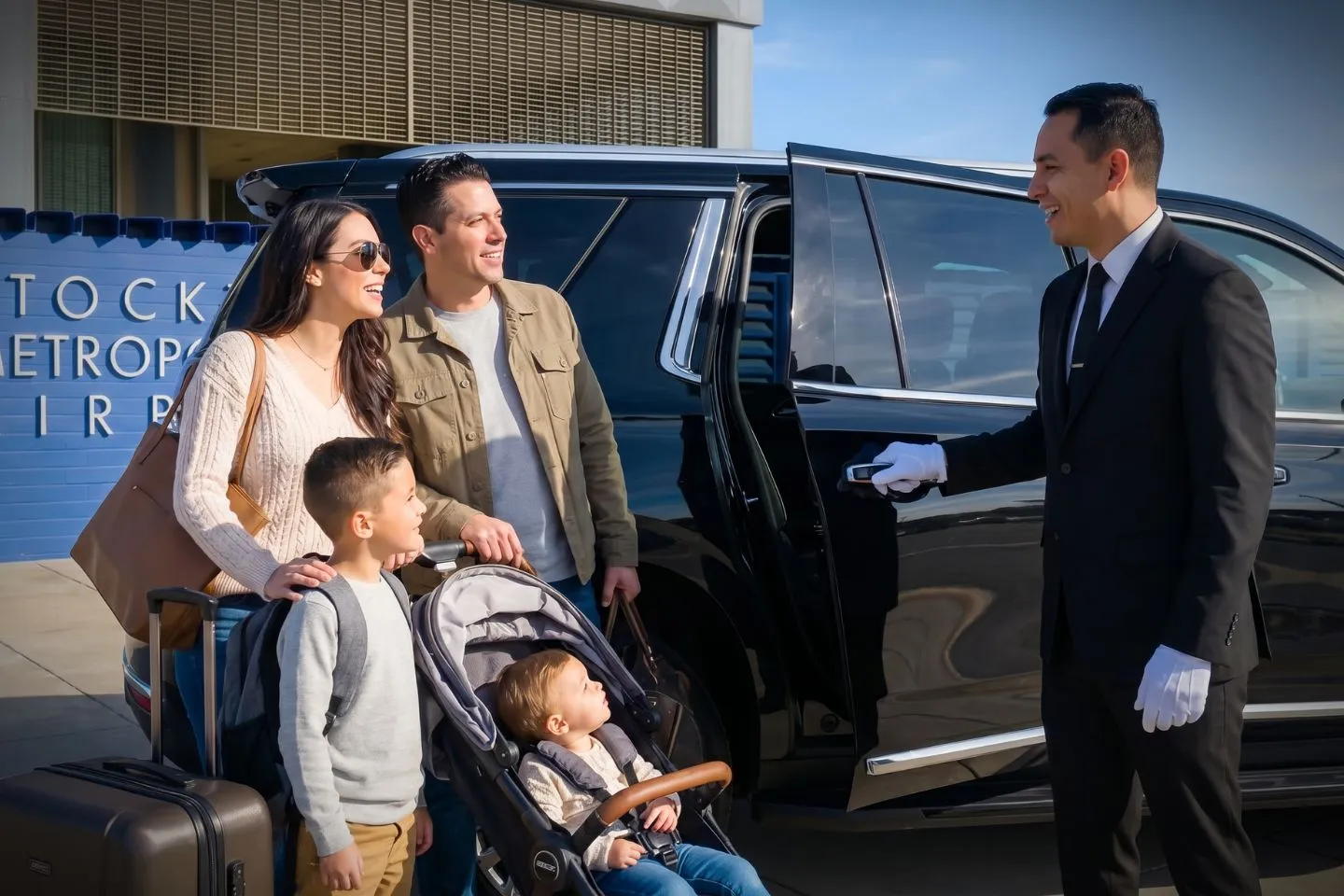Stockton Metropolitan (SCK) Airport Car Service Union Limousine chauffeur greeting guest at SCK Stockton Metropolitan airport