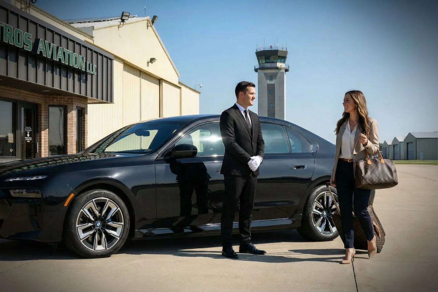 Decatur (DEC) Airport Car Service Black luxury sedan parked outside Decatur Airport terminal in Illinois