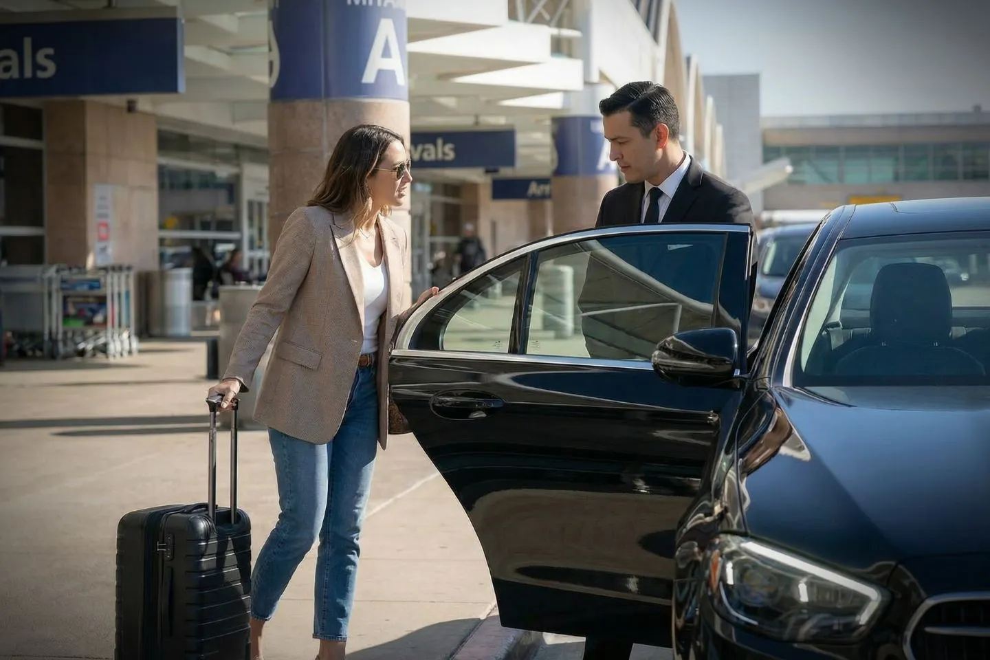 San Antonio International (SAT) Airport Car Service Professional chauffeur greeting client at San Antonio arrivals hall