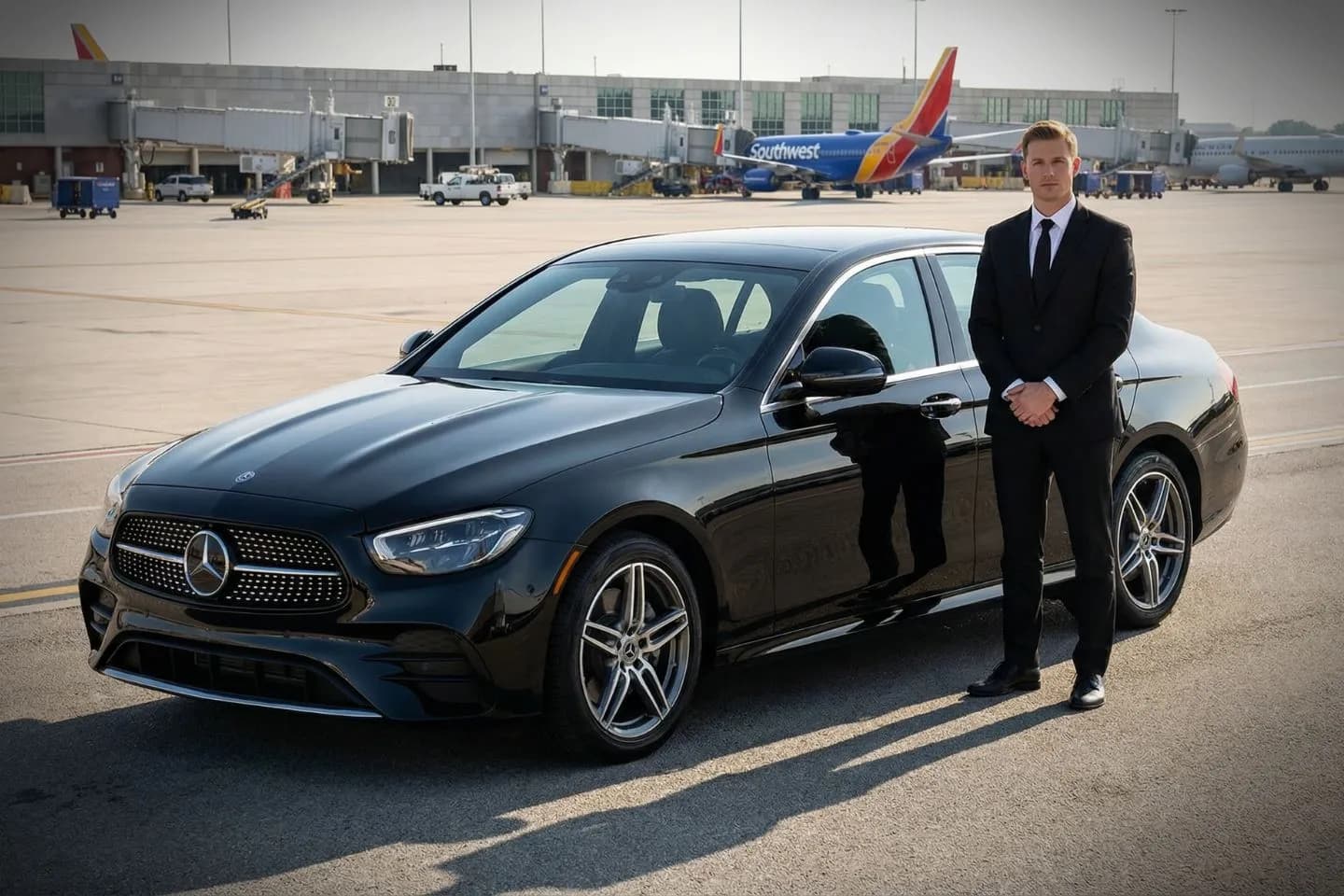 San Antonio International (SAT) Airport Car Service Black luxury sedan parked outside San Antonio International Airport terminal