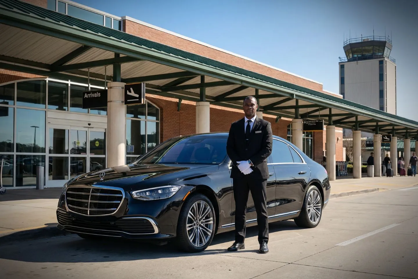 Savannah/Hilton Head International (SAV) Airport Car Service Luxury black sedan at Savannah Hilton Head International Airport SAV terminal in Georgia