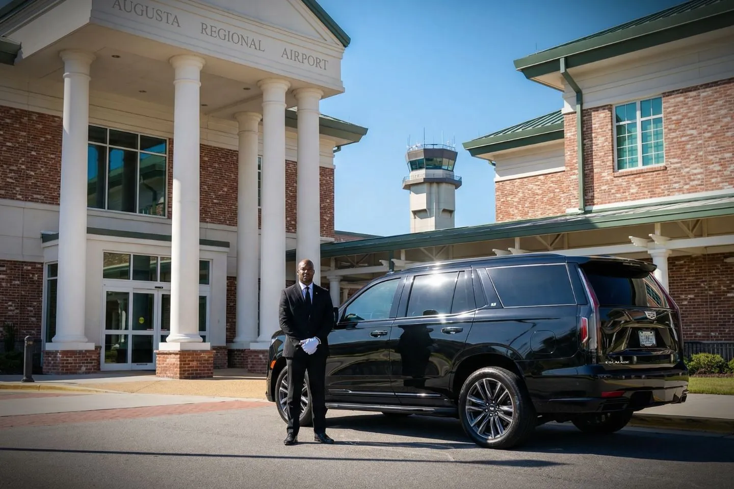 Augusta Regional (AGS) Airport Car Service Luxury black Mercedes Benz S Class at Augusta Regional Airport AGS terminal in Georgia